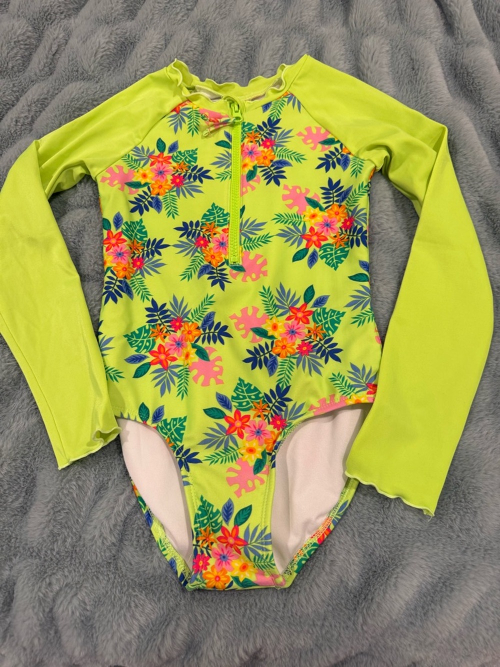 Cat & Jack Neon Lime Floral Long-Sleeve One-Piece Swimsuit